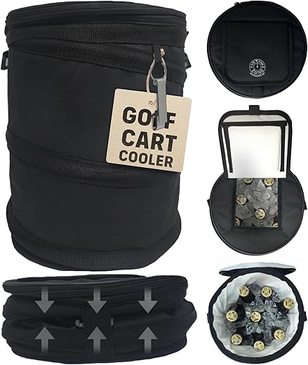 Golf Cart Cooler - Collapsible and Pop Up Design for Golf Carts or Push Carts, Fits in Cart Baskets or on Fenders, Ideal Cooler Golf Cart Accessories for Beach, Camping, Tailgating, Travel - Black