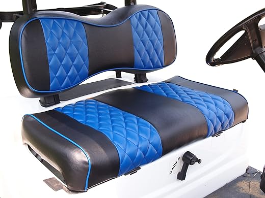 Huskey 4PCS Golf Cart Front/Rear Seat Covers for EZGO Medalist/TXT 94-13 Custom Two-Tone Black/Blue Diamond Stitching with Blue Piping, Marine Grade Vinyl Material, Staple on Design