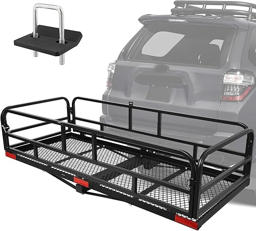 Trailer Hitch Cargo Rack, 60 x 24 x 14 Inch Folding Hitch Mount Cargo Carrier with High Side Rails for RV Truck SUV Van, 500 lbs. Capacity, 2" Receiver, Black